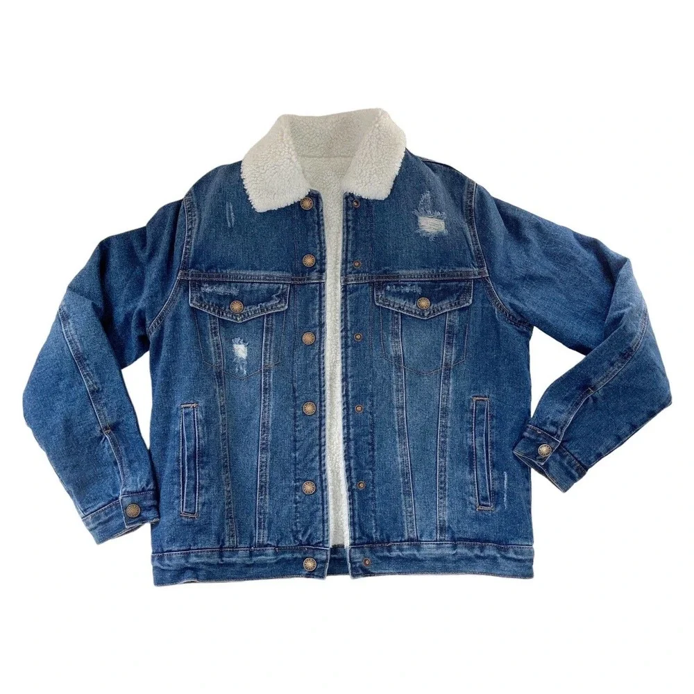 Denim Jacket Womens Small Sherpa Lined Trucker Distressed Fur Collar Cotton Poly